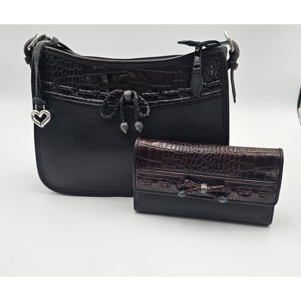 Vtg Brighton Emma Shoulder Purse Black Brown Croc Bow With Matching Wallet